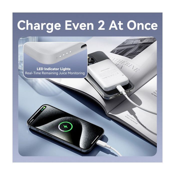 Батарея універсальна VENTION Magnetic Wireless 5000mAh 20W PD, USB-C, QI-15W Pink (FHSP0) зображення 5