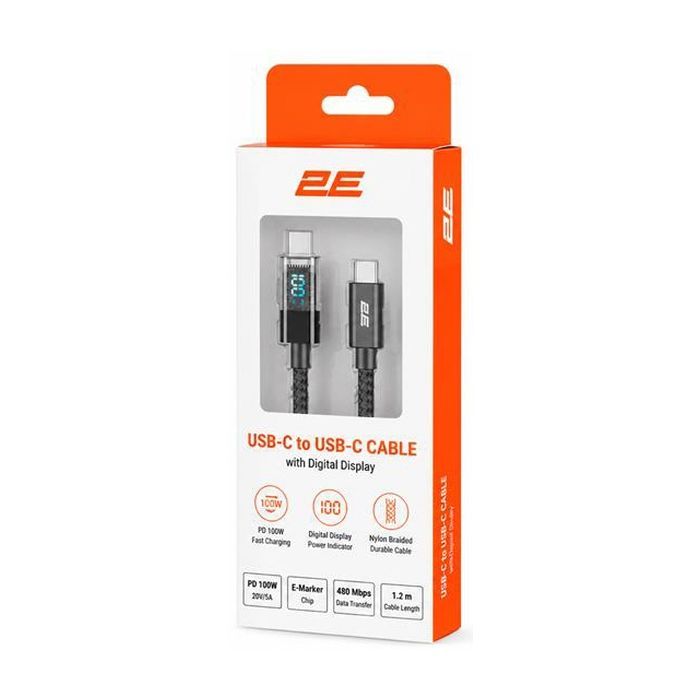 Дата кабель USB-C to USB-C 1.0m PD 100W Digital Display black 2E (2E-CC100-BL) изображение 2