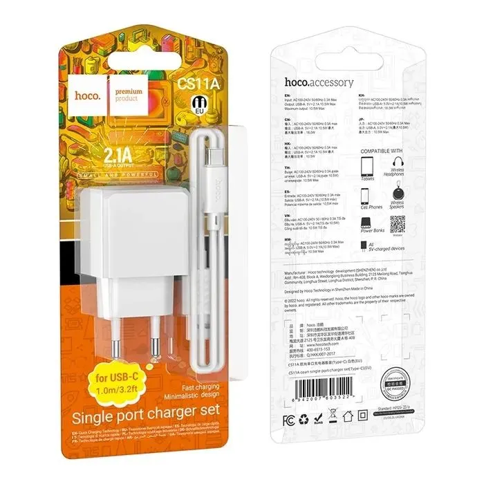 Зарядний пристрій HOCO CS11A USB + cable USB to USB-C white (6942007603614) зображення 3