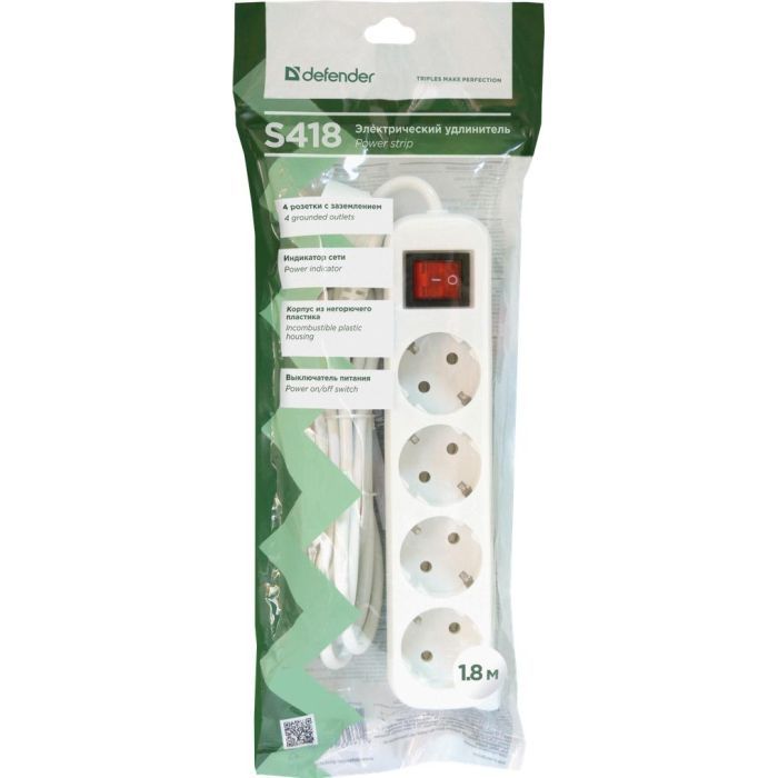 Сетевой удлинитель Defender S418 1.8 m 4 роз switch white (99237) изображение 4