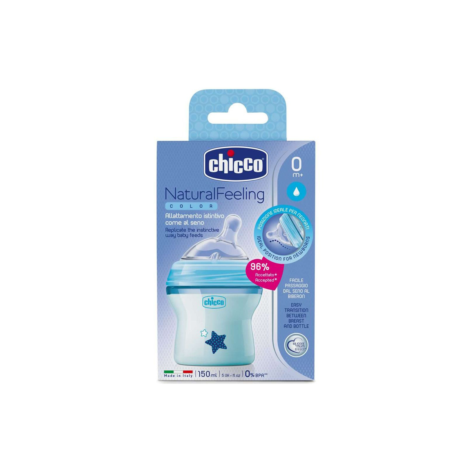 Пляшечка для годування Chicco Natural Feeling Color, 150 мл, 0+, блакитна (80811.21) зображення 2