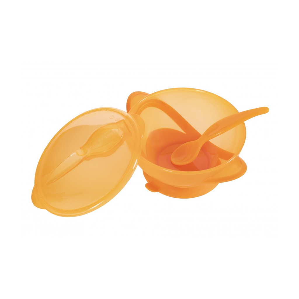 Набор детской посуды Baby Team Тарелка на присоске с крышкой и ложкой 290 мл (6002_оранжевый) изображение 3