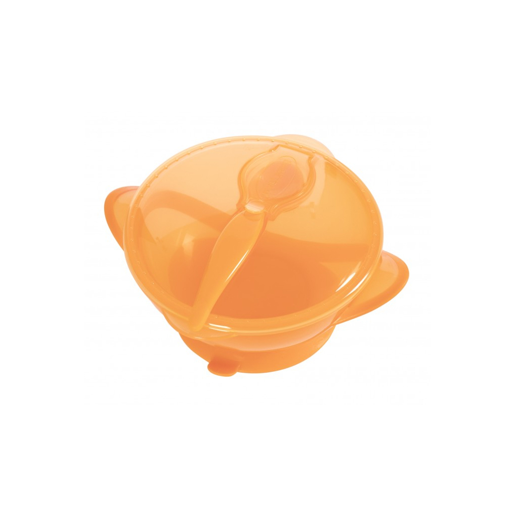 Набор детской посуды Baby Team Тарелка на присоске с крышкой и ложкой 290 мл (6002_оранжевый)