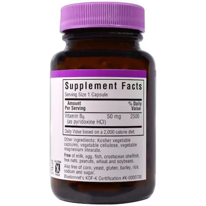 Витамин Bluebonnet Nutrition Витамин B6 50 мг, Vitamin B6, 90 вегетарианских капсул (BLB0428) изображение 2