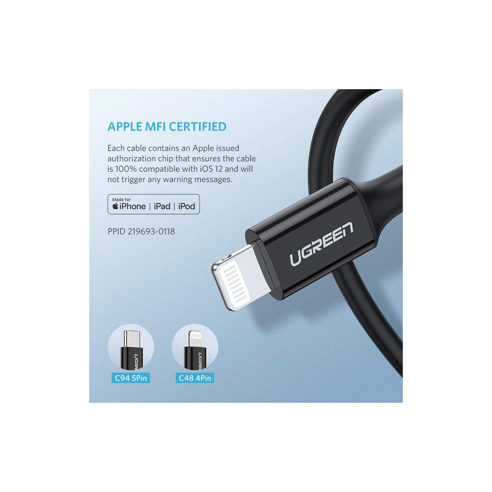 Дата кабель USB-C to Lightning 2.0m US1713A Nickel Plating ABS Shell White Ugreen (60749) зображення 3