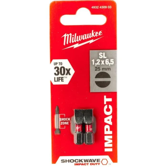 Набор бит Milwaukee SHOCKWAVE, SL1,2x6,5, 25мм, 2шт (4932430903) изображение 3