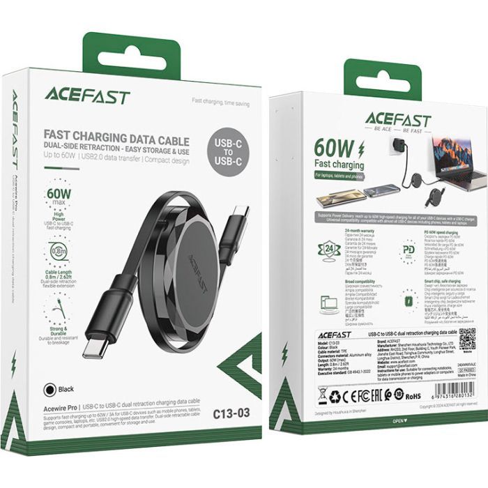 Дата кабель USB-C to USB-C 0.8m 60W dual retraction C13-03 Black Acefast (6974316280132) зображення 6