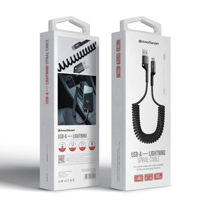 Дата кабель USB 2.0 AM to Lightning 1.0m Spiral 2.4A black Armorstandart (ARM75391) изображение 3