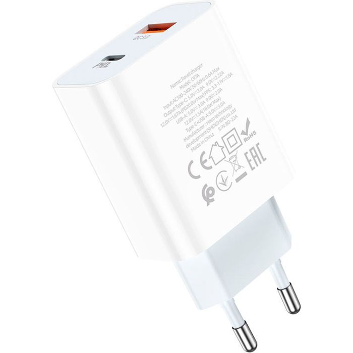 Зарядний пристрій HOCO C97A 1xUSB-C PD20W + 1xUSB QC3.0 White (6931474766076) зображення 3