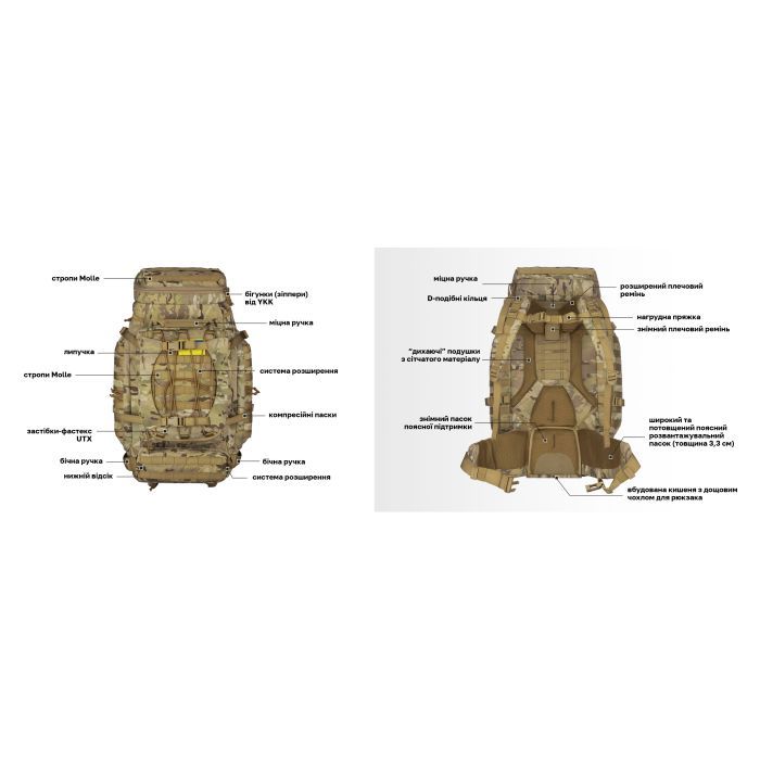 Рюкзак туристический 2E 90L, LargeCap, Molle, камуфляж (2E-TACTLARGBKP-90L-CP) изображение 33