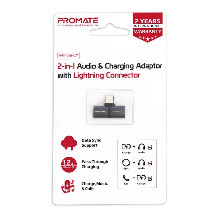 Перехідник Lightning M to 2xLightning F Audiо + Charge Promate (ihinge-lt.black) зображення 6