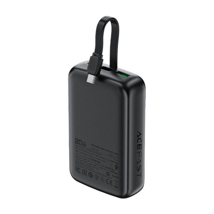 Батарея універсальна Acefast 20000mAh 22,5W PD, QC/3.0 USB-A+USB-C In/Out,build-in cable M14 Black (6974316283966) зображення 2