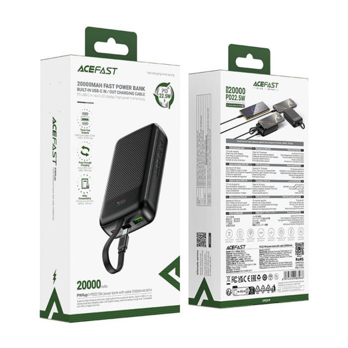 Батарея універсальна Acefast 20000mAh 22,5W PD, QC/3.0 USB-A+USB-C In/Out,build-in cable M14 Black (6974316283966) зображення 5