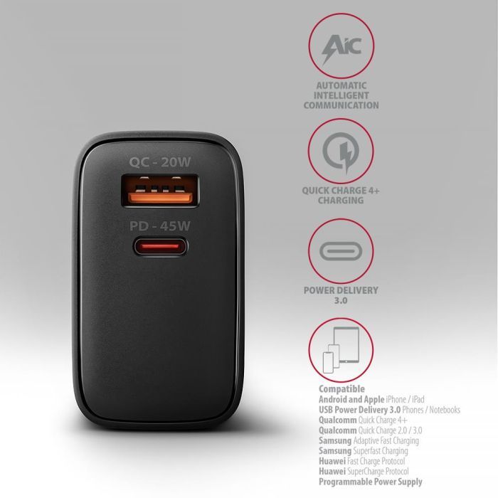 Зарядний пристрій AXAGON 1xUSB QC4.0 + 1xUSB-C PD45W PPS black (ACU-PQ45) зображення 5