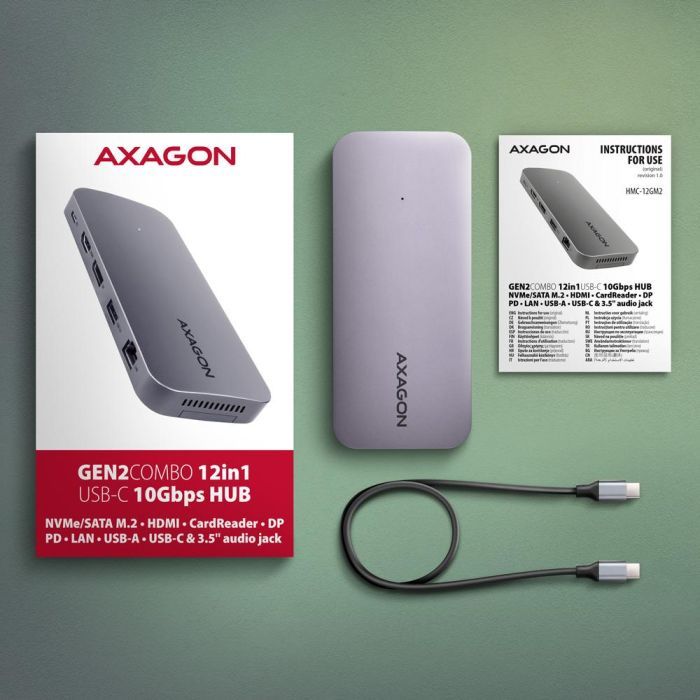 Концентратор AXAGON USB-C 12-in-1 HDMI + DisplayPort + RJ45 1000Mbps + PD100W aluminum gray (HMC-12GM2) изображение 12