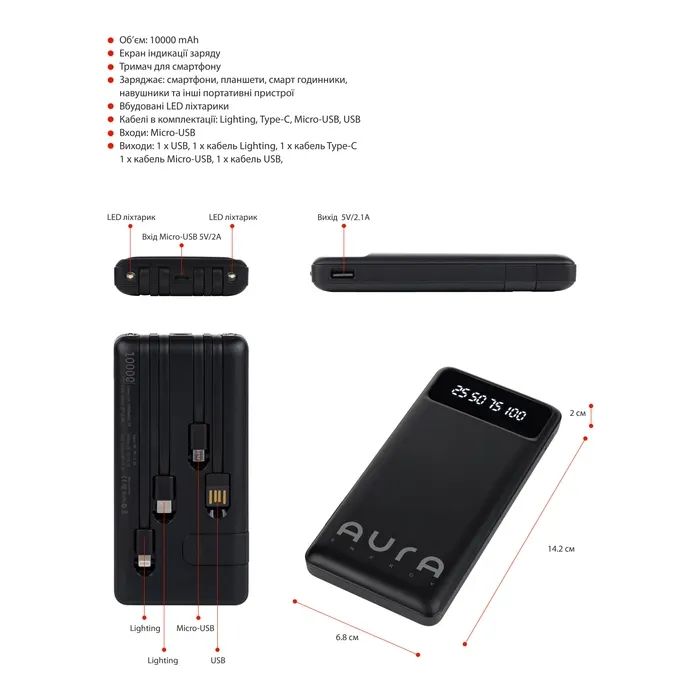 Батарея универсальная AURA NRG10 10000 mAh Black (PBANRG10B) изображение 8