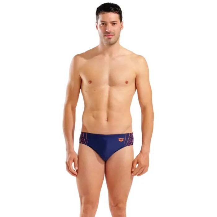 Плавки Arena Double Graphic Swim Briefs 010951-705 темно-синій, помаранчевий 80 (3468337766308)