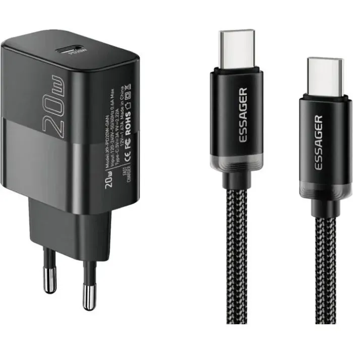 Зарядное устройство Essager USB-C PD20W + cable USB-C to USB-C 60W black (E20JSB1-SYTT1-T)
