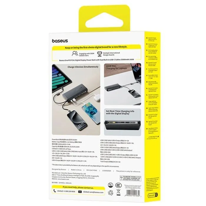 Батарея универсальная Baseus 25000mAh EnerFill FC41 145W Digital Display Built-in Dual USB-C Cable (E0028H03) изображение 5