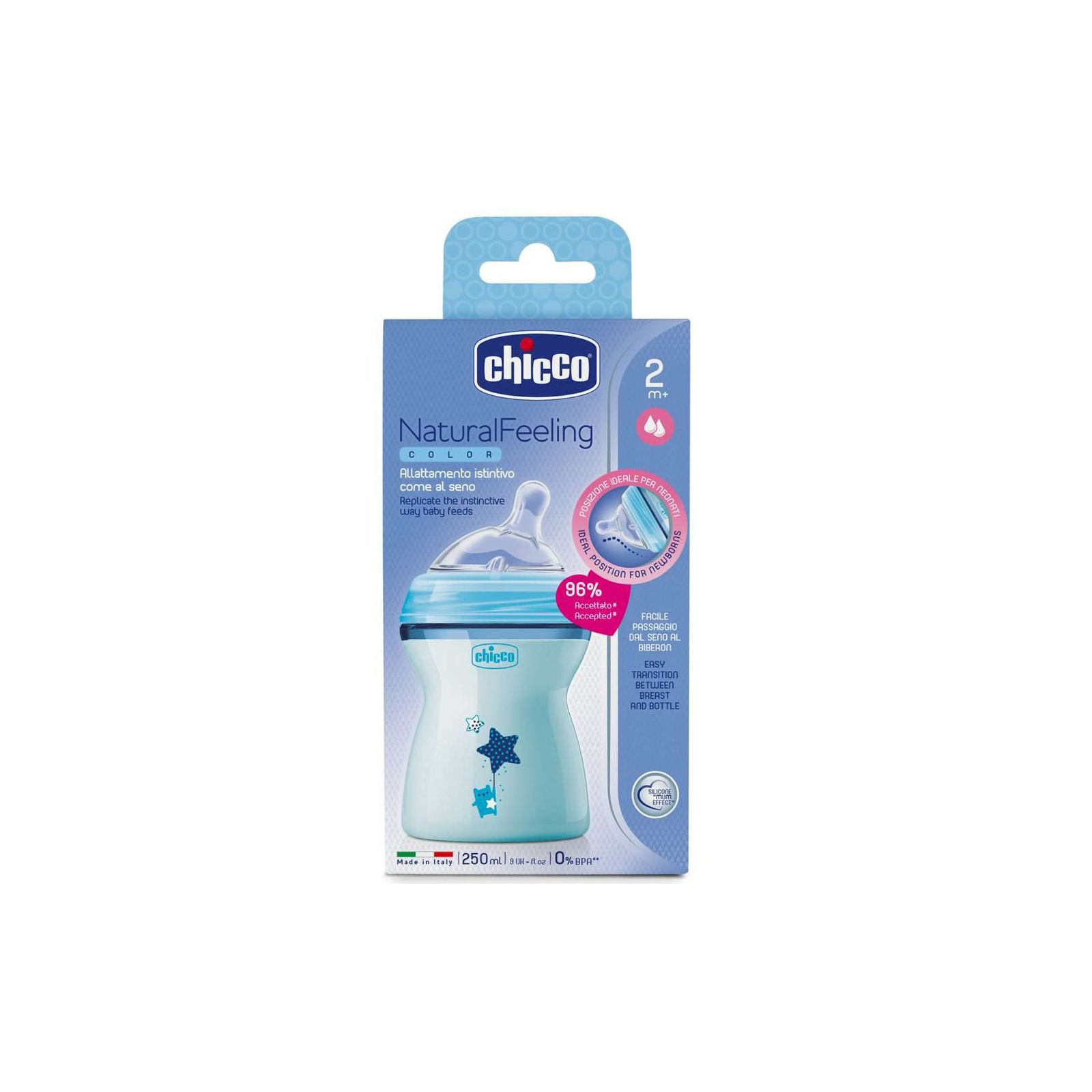 Пляшечка для годування Chicco Natural Feeling Color, 250 мл, 2+, блакитна (80825.21) зображення 2