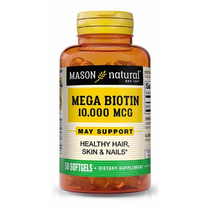 Вітамін Mason Natural Біотин 10000мкг, Mega Biotin, 50 гелевих капсул (MAV16799)