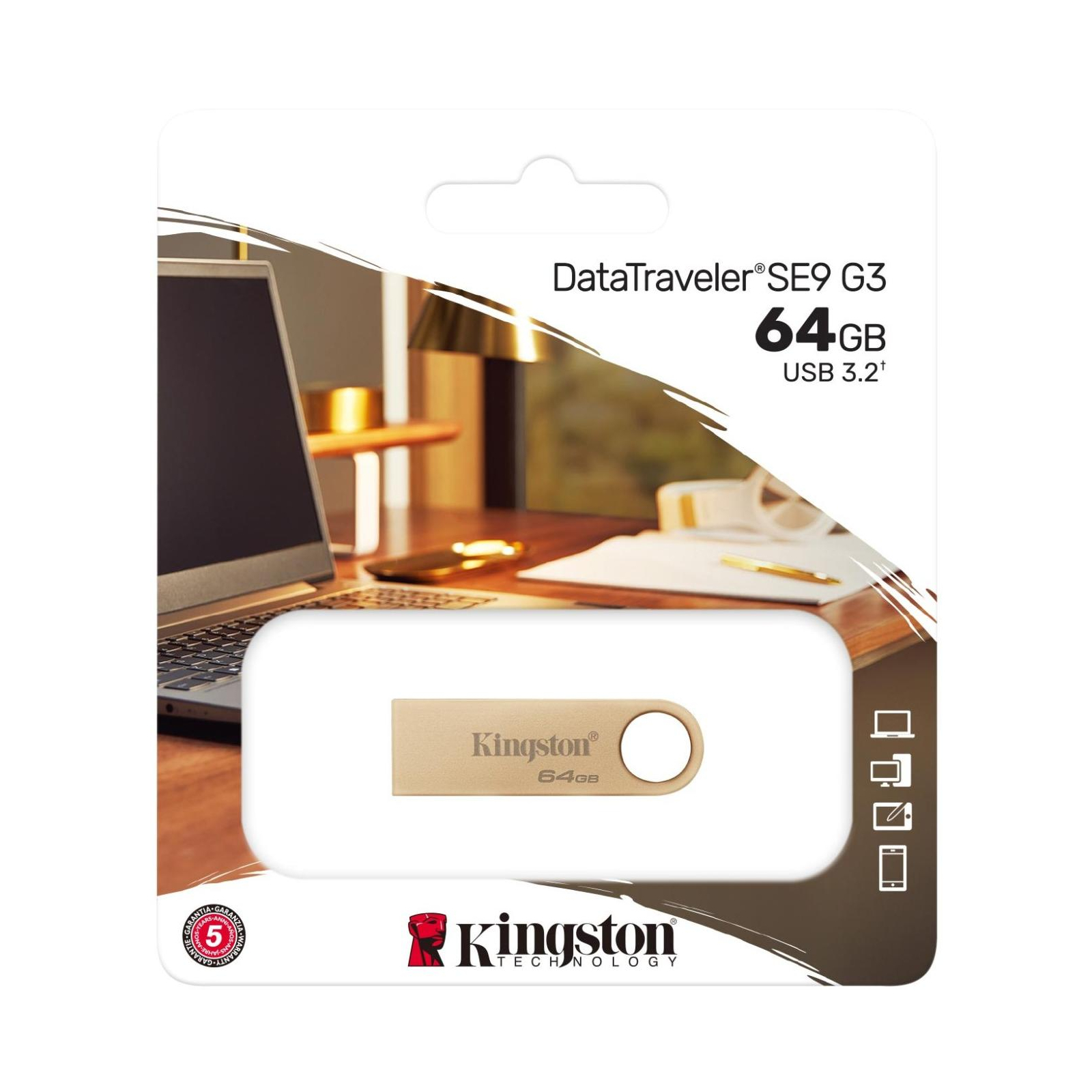 USB флеш накопитель Kingston 64GB DataTraveler SE9 G3 Gold USB 3.2 (DTSE9G3/64GB) изображение 6