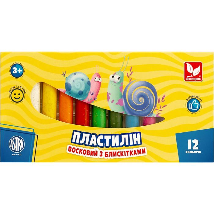 Пластилин Школярик Восковый Круглый с блестками 12 цветов 156 г (303107001-UA)