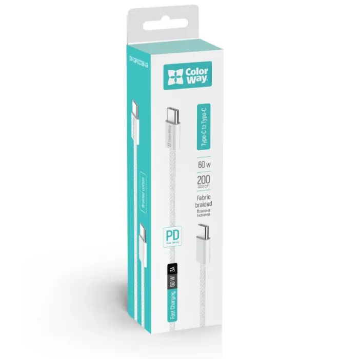 Дата кабель USB-C to USB-C 2.0m (braided cotton) (PD Fast Charging 60W) 3.0А grey ColorWay (CW-CBPDCC068-GR) изображение 8