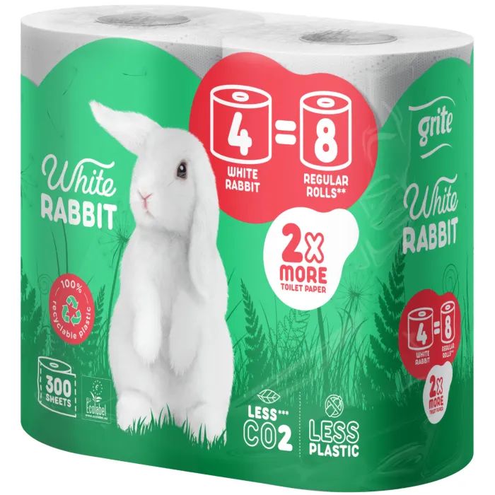 Туалетная бумага Grite White Rabbit 3 слоя 300 отрывов 4 рулона (4770023351934)