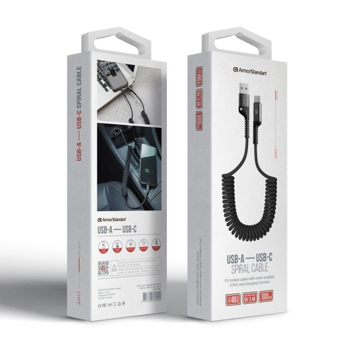 Дата кабель USB 2.0 AM to USB-C 1.0m Spiral 2.4A black Armorstandart (ARM75390) зображення 3