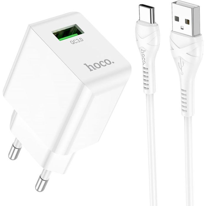 Зарядное устройство HOCO C98A Proton USB QC3.0 + cable USB to USB-C White (6931474766878)