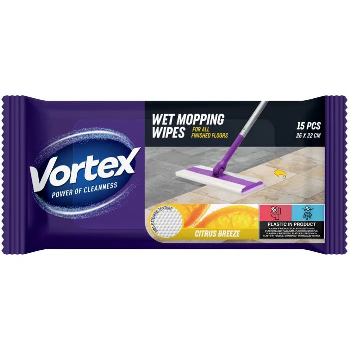 Салфетки для уборки Vortex Citrus Breeze Влажные для пола 15 шт. (4823071663549)