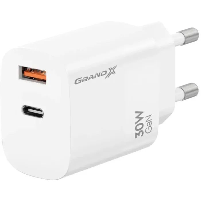 Зарядное устройство Grand-X GaN 1xUSB-C + 1xUSB QC3.0 36W white (CH-360W)
