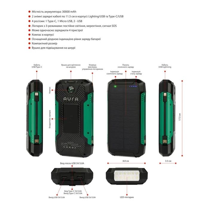 Батарея универсальная AURA NRG-30SE ARM SOLAR 30000mAh Wireless charging Green (PBANRG30SEG) изображение 3