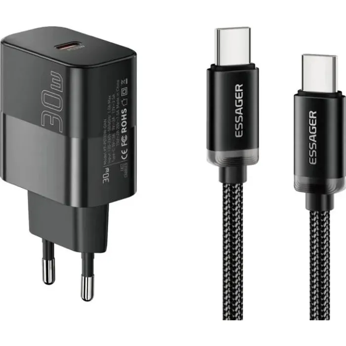 Зарядное устройство Essager USB-C PD30W + cable USB-C to USB-C 60W black (E30JSB1-SYTT1-T)