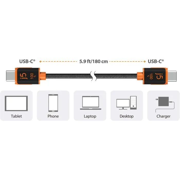 Дата кабель USB-C to USB-C 1.8m 100W (20V/5A) premium J5create (JUCX25L18-N) изображение 5