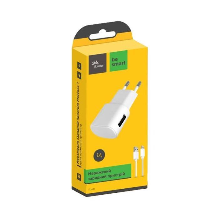 Зарядное устройство Florence USB, 1.0A + cable Lightning white (FW-1U010W-L) изображение 2