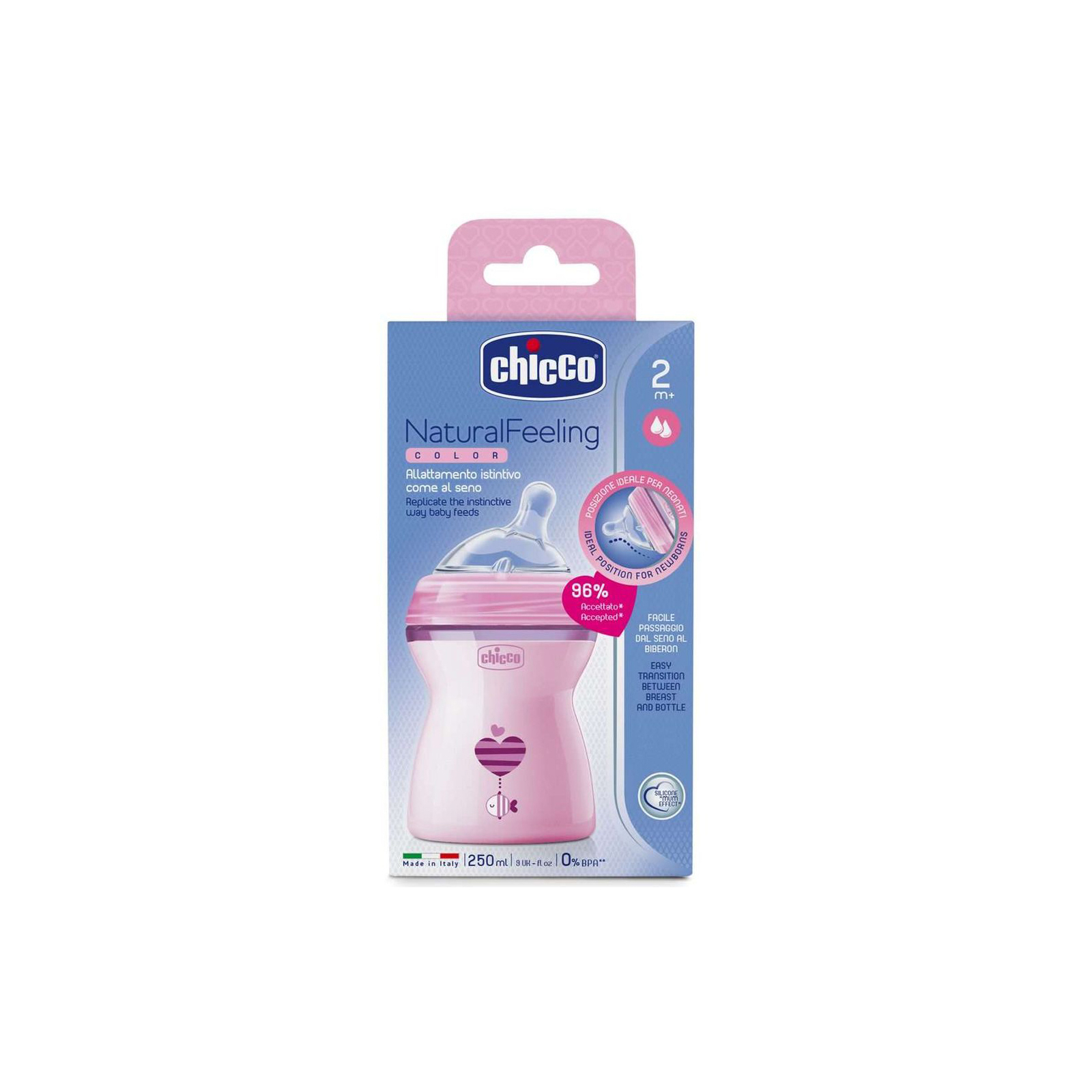 Бутылочка для кормления Chicco Natural Feeling Color, 250 мл, 2м+, розовая (80825.11) изображение 2