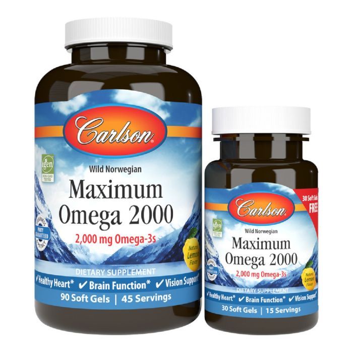 Жирные кислоты Carlson Омега Максимум 2000, Вкус Лимона, Maximum Omega 2000, 90+30 (CL17240)