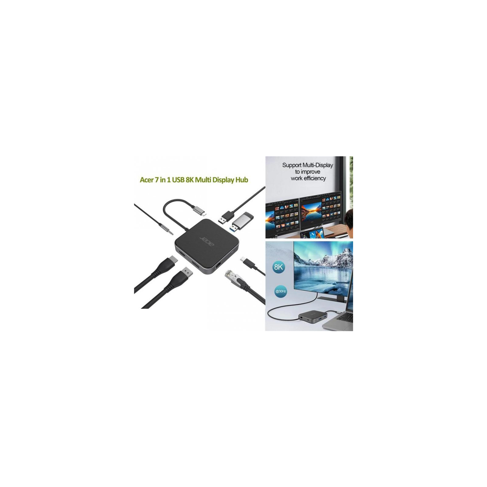 Порт-репликатор Acer 7-in-1, 8K, HDMI, DP, 2xUSB3.2, USB-C, RJ45, 3.5mm AP (HP.DSCAB.013)