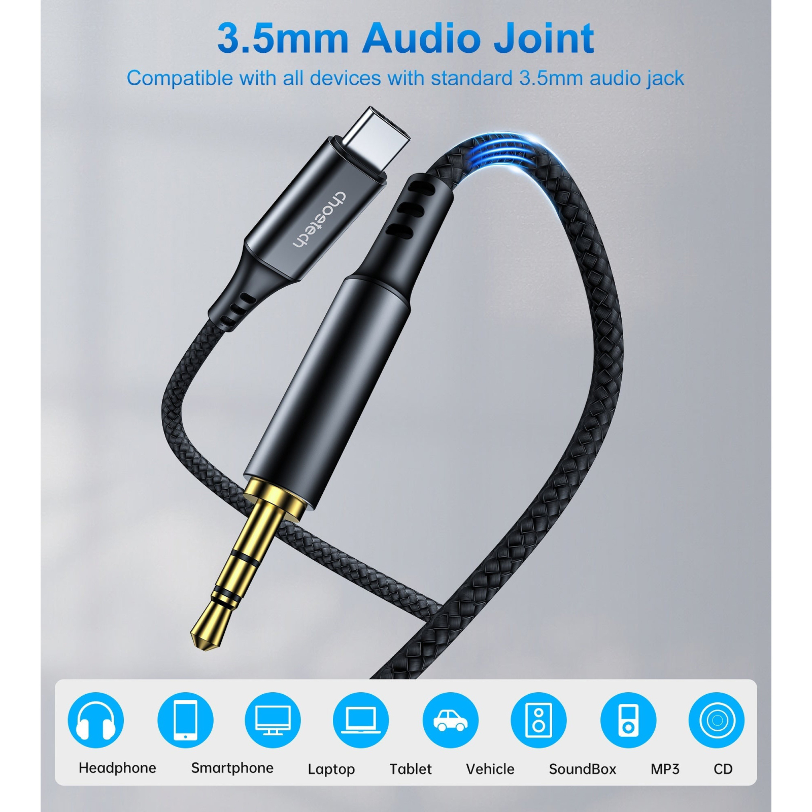 Переходник USB-C to jack 3.5mm stereo audio (CDLA) 2.0m Choetech (AUX008-BK) изображение 3