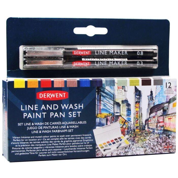 Художній набір Derwent Line and Wash Paint Pan, 12 кол.+пензель з резервуаром+2 лінери (5028252620352)