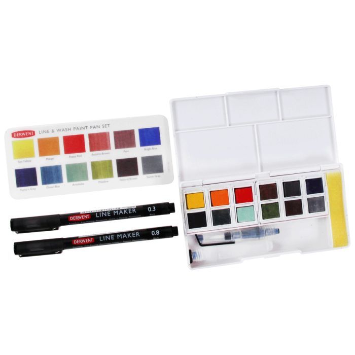 Художній набір Derwent Line and Wash Paint Pan, 12 кол.+пензель з резервуаром+2 лінери (5028252620352) зображення 3