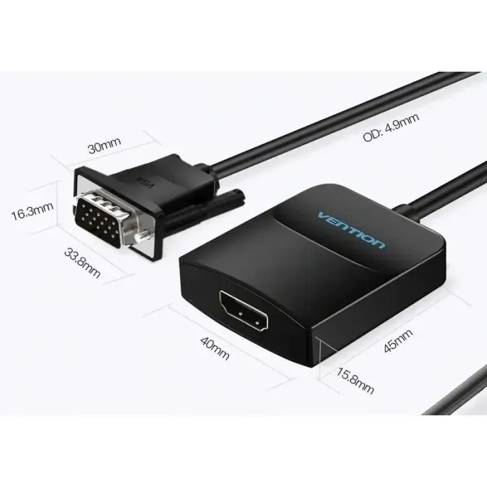 Переходник VGA 15F to HDMI M 1080P 60Hz 3,5mm Audio 0.15m Vention (ACNBB) изображение 3