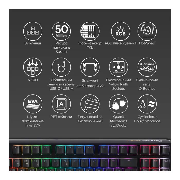 Клавиатура Ducky One 3 TKL Cherry MX Blue RGB UA USB Black (DKON2187ST-CUAPXCLAWSC1) изображение 4
