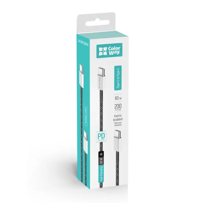 Дата кабель USB-C to USB-C 2.0m (braided cotton) (PD Fast Charging 60W) 3.0А grey ColorWay (CW-CBPDCC068-GR) изображение 8