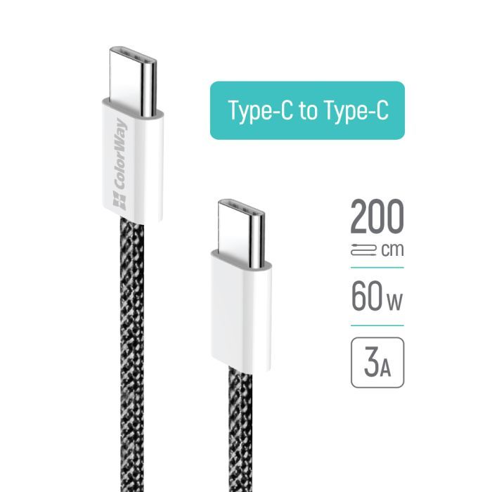 Дата кабель USB-C to USB-C 2.0m (braided cotton) (PD Fast Charging 60W) 3.0А grey ColorWay (CW-CBPDCC068-GR) изображение 9