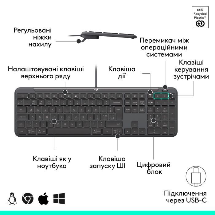 Клавиатура Logitech Signature Slim K620 for Business USB-C UA Graphite (920-013333) изображение 6