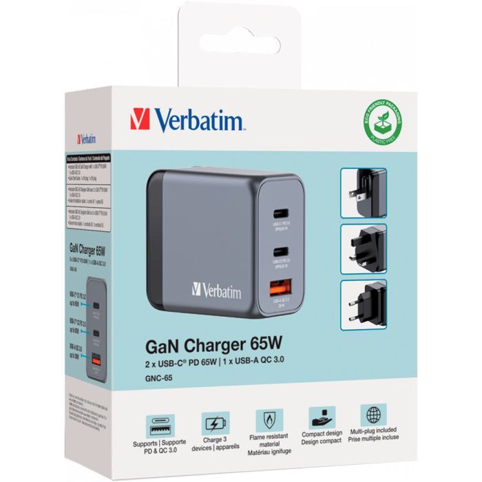 Зарядное устройство Verbatim GaN 65 W 3 ports (2xUSB-C-65 W /USB-A -3.0) (32201) изображение 3