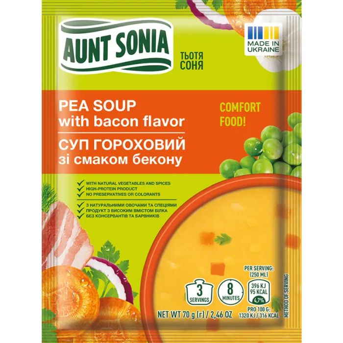 Пища быстрого приготовления Тьотя Соня Суп гороховый с беконом 70 г (4820015101334)
